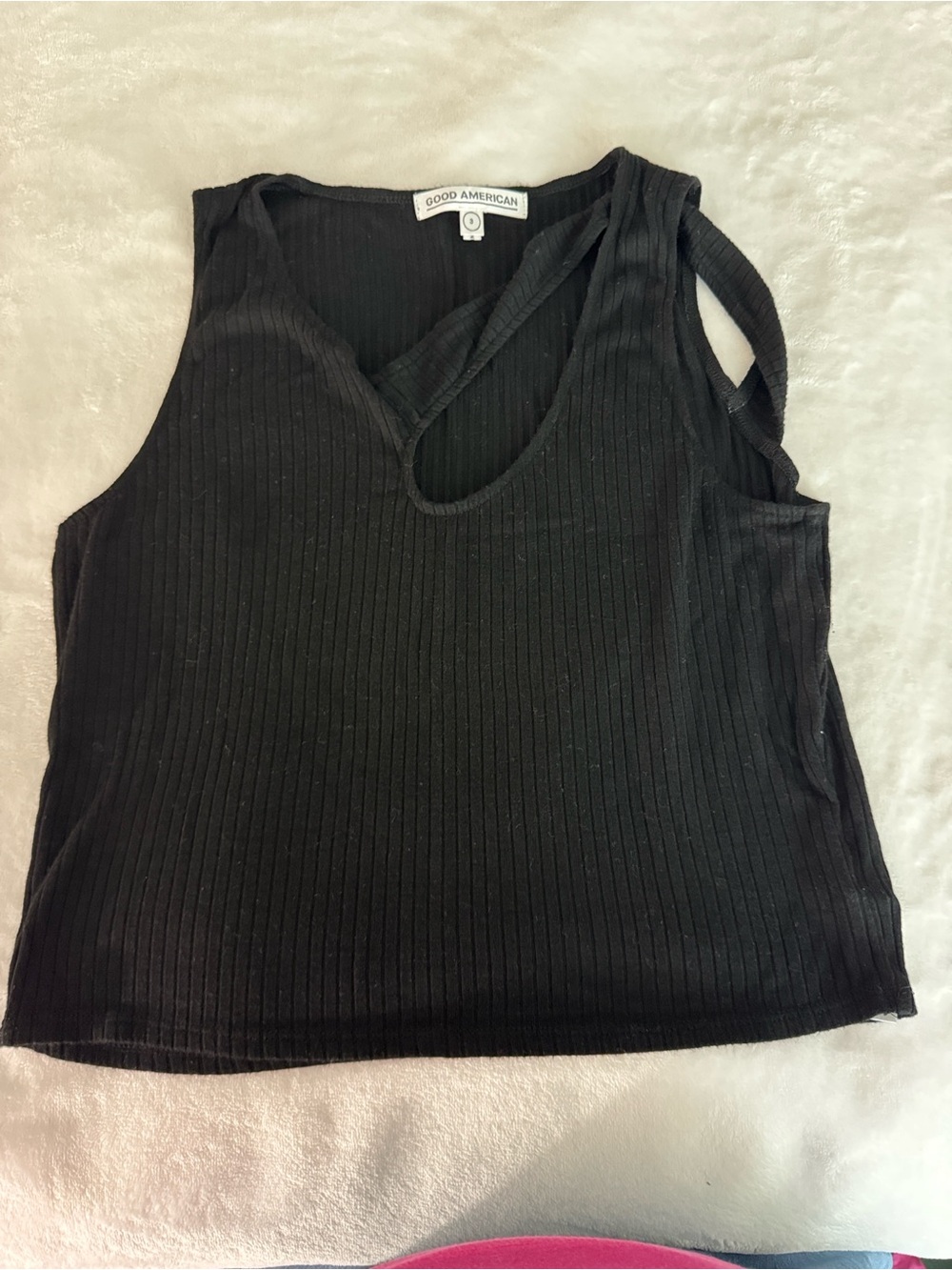 NWOT Good American Charcoal Ribbed V-Neck Tank with Shoulder Cutout